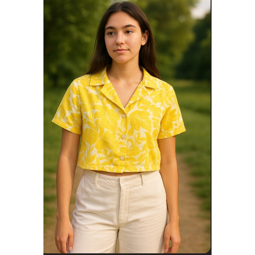 Midnight Sky Linen Blend Top Womens Floral Button Up XL Yellow Tropical Croppedâ